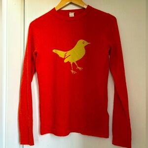 J Crew cashmere crew sweater bird intarsia orange and yellow XS